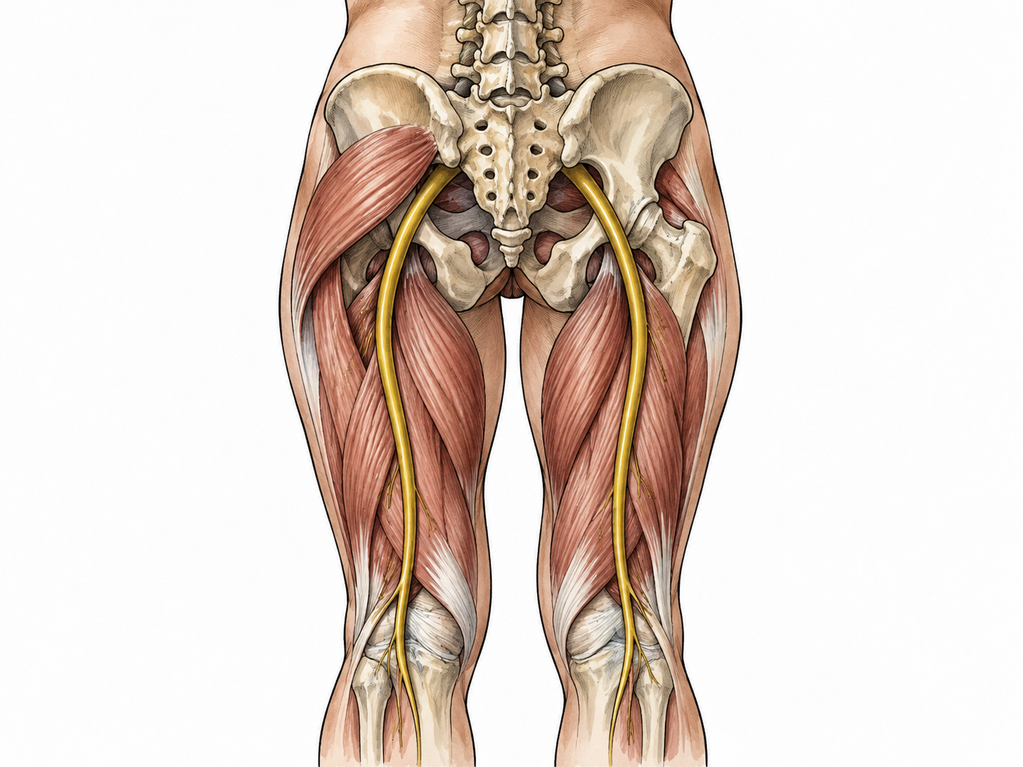 Accurate posterior anatomical pelvis and upper legs, sciatic nerve gold from buttock down back of thigh, no labels.