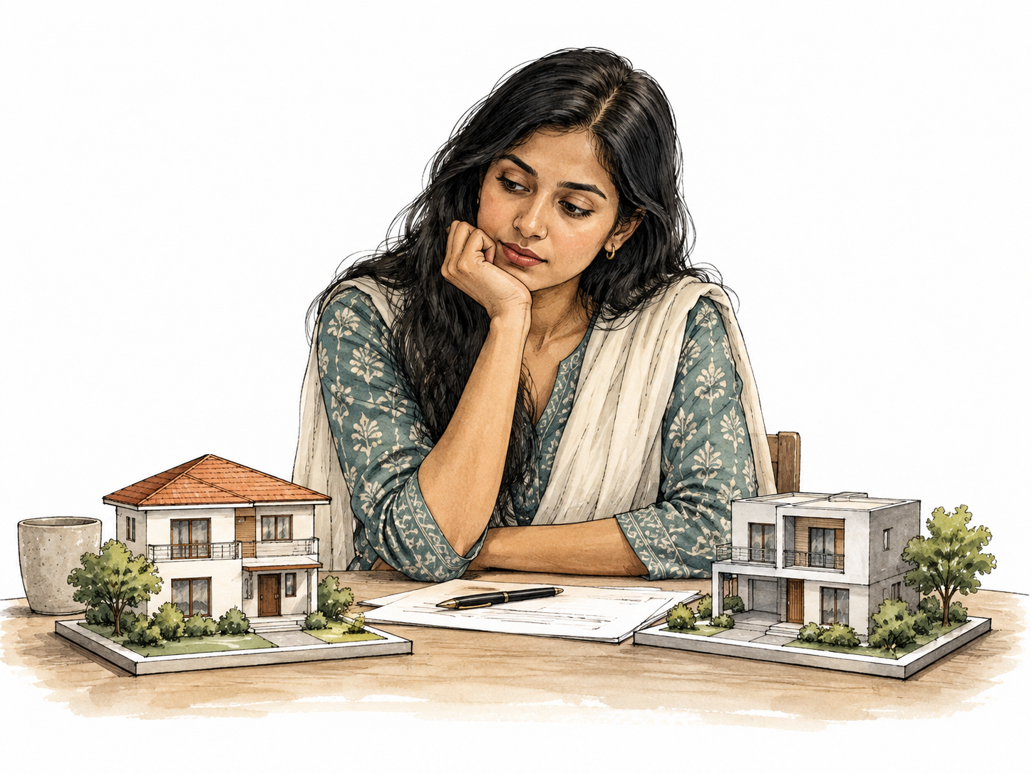 A South Asian woman quietly considers two house models on a desk, chin resting on hand.