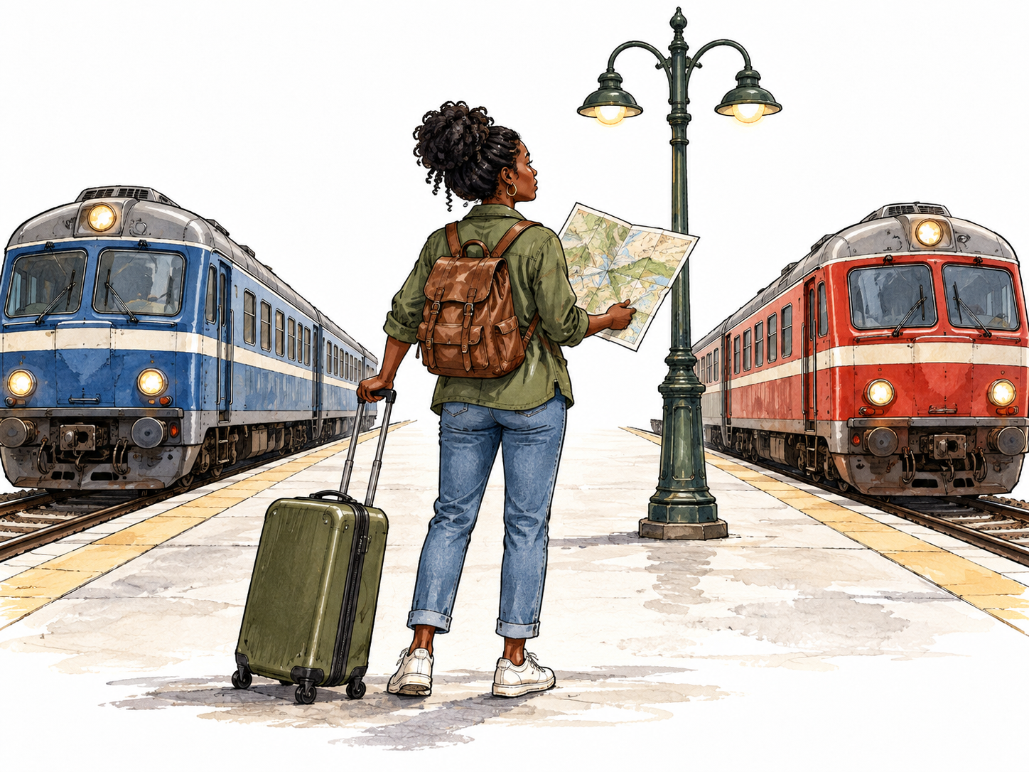 Black woman with suitcase considers two departing trains and map, choosing destination, no readable signs.