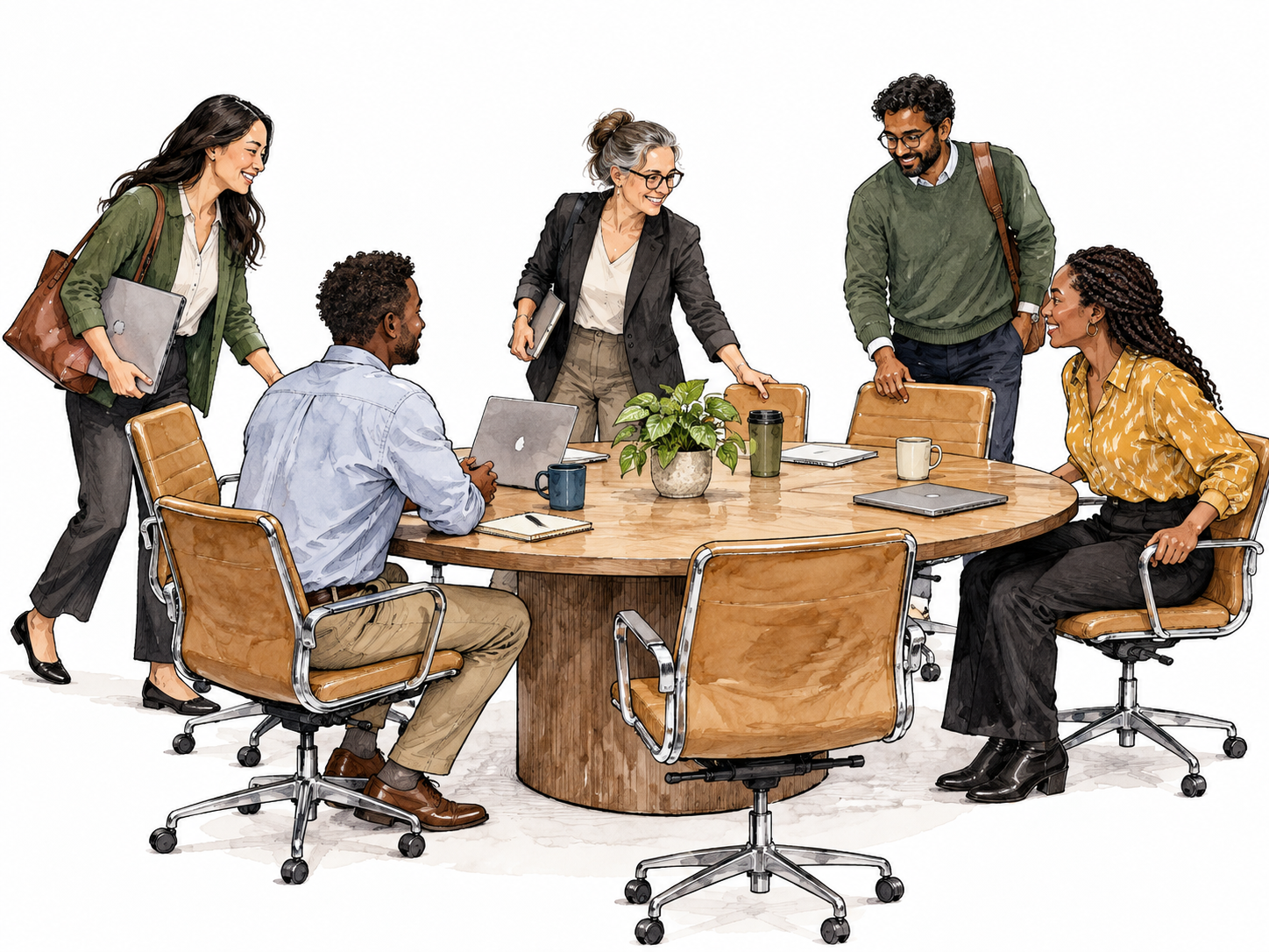 Diverse contemporary colleagues arrive and take seats around meeting table, gathering.