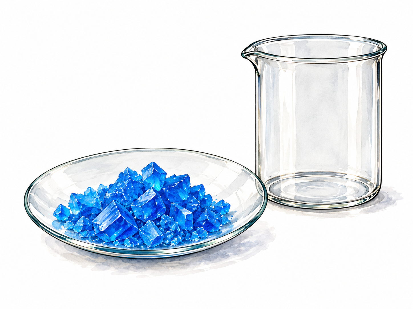 A laboratory watch glass of vivid blue copper sulfate crystals beside plain beaker, no letters or labels, accurate crystalline material.