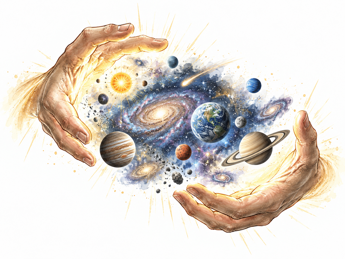 Symbolic limitless power: radiant hands surrounding an entire cosmos, planets safely suspended.