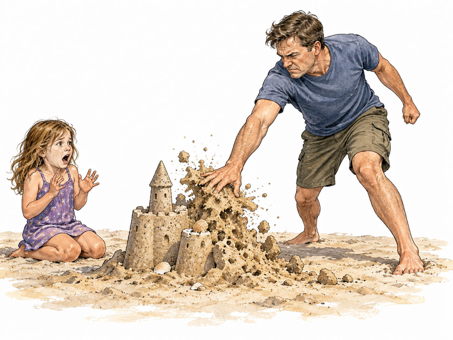 Light-skinned adult deliberately shoves over child's sandcastle, child safely aside shocked; cruel behavior no injury.