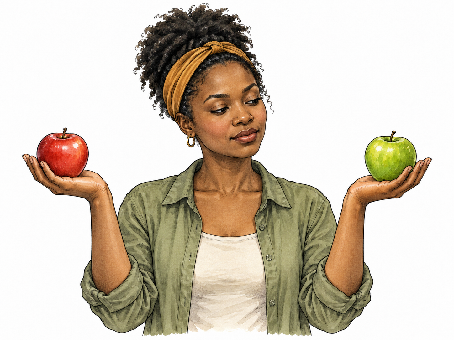 A Black woman choosing between two equally offered apples, one red one green.