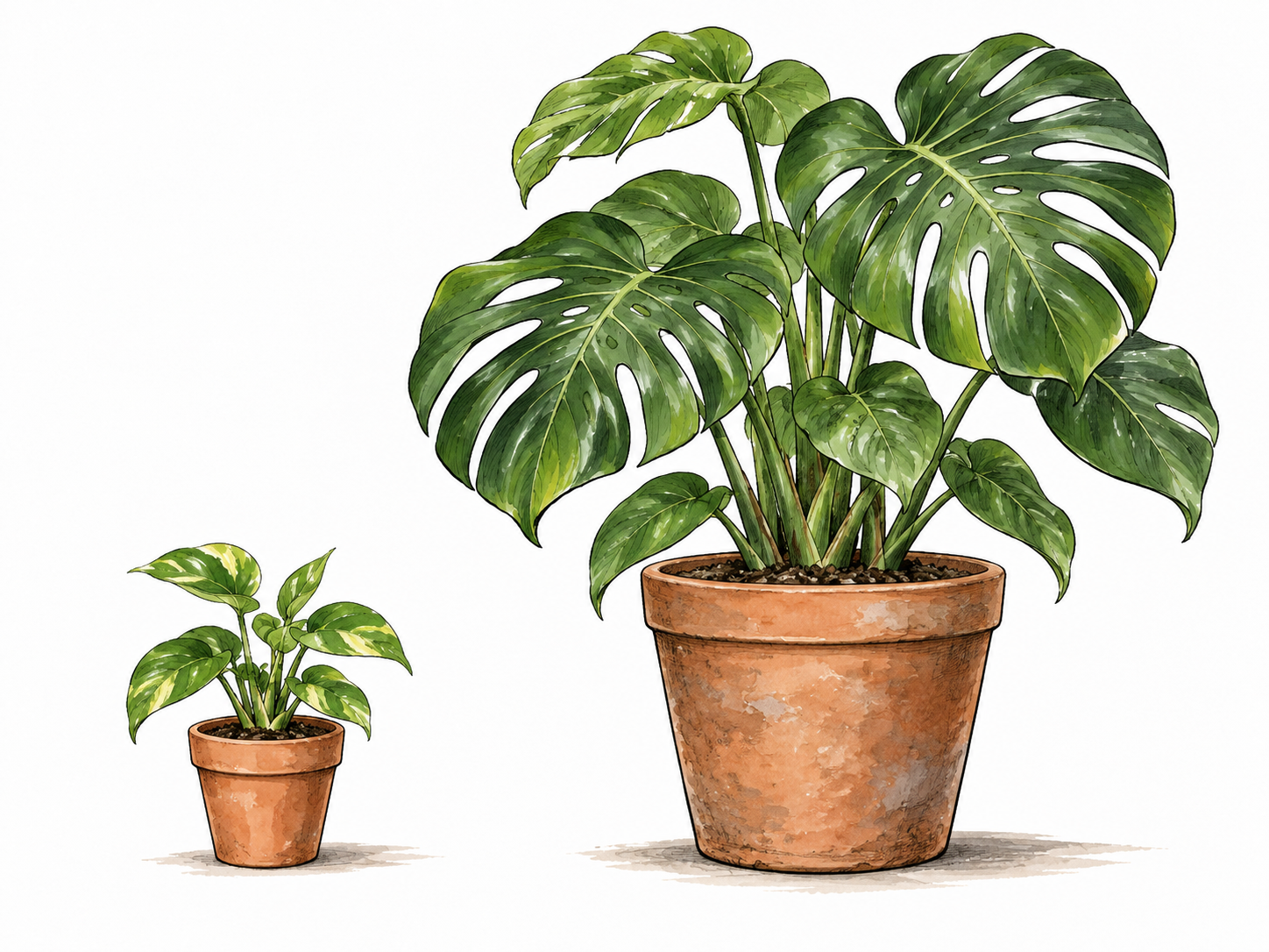 A small plant in a suitably small pot beside a large plant in suitably large pot, matching relative scale and room.