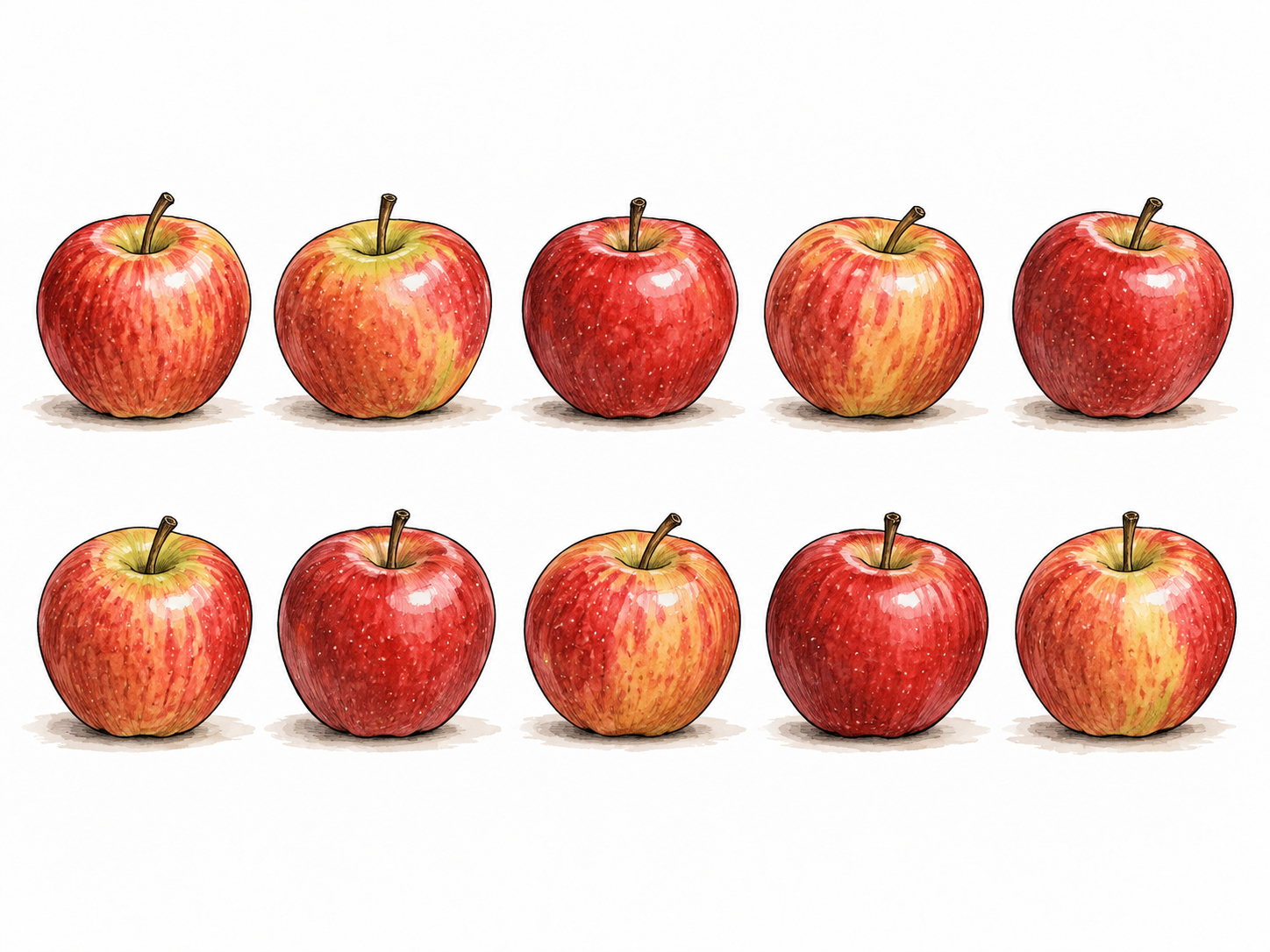 Exactly ten apples in two neat rows of five, no other fruit.