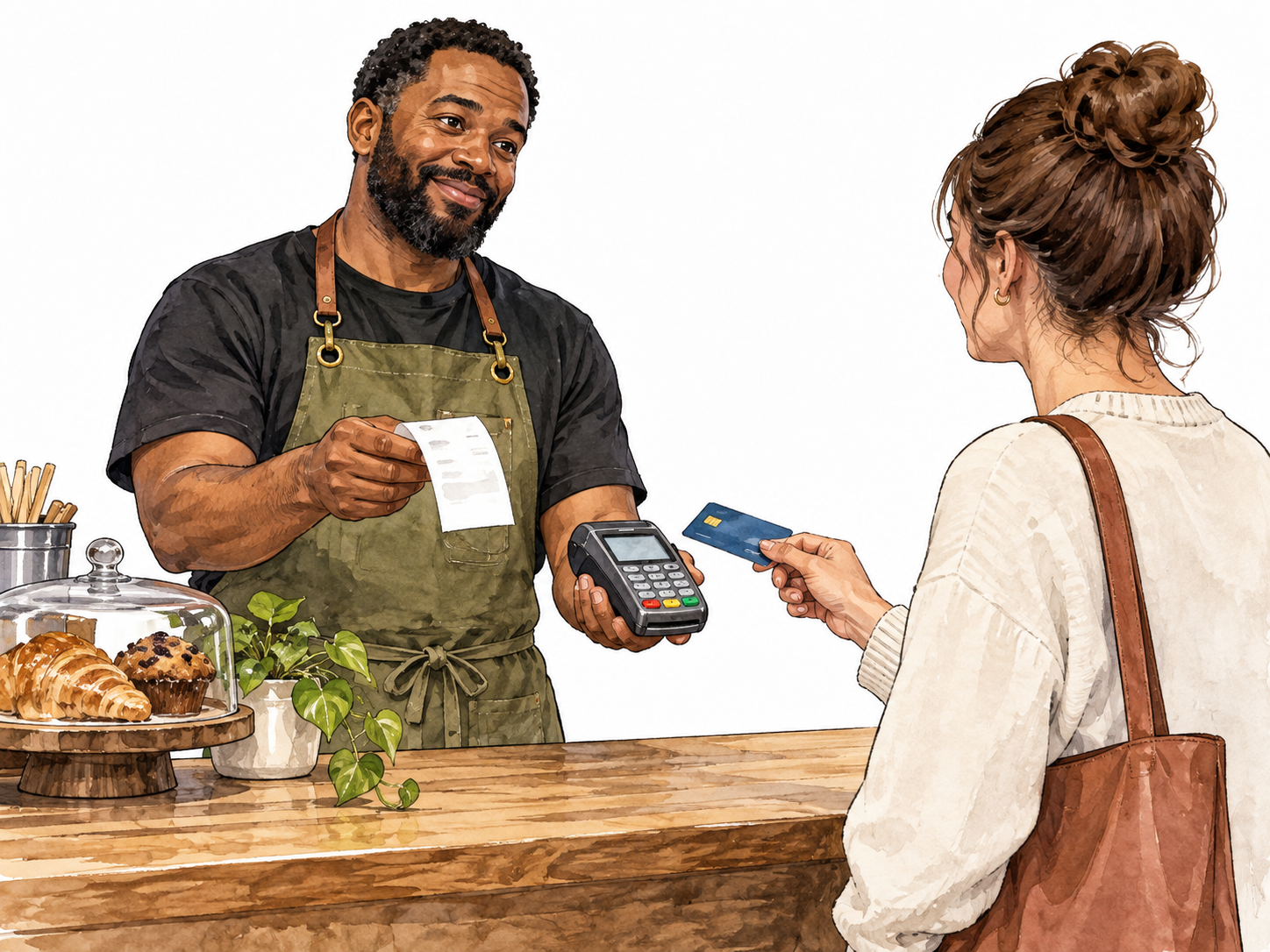 A Black cafe owner presents a small bill and holds a payment terminal toward a customer.