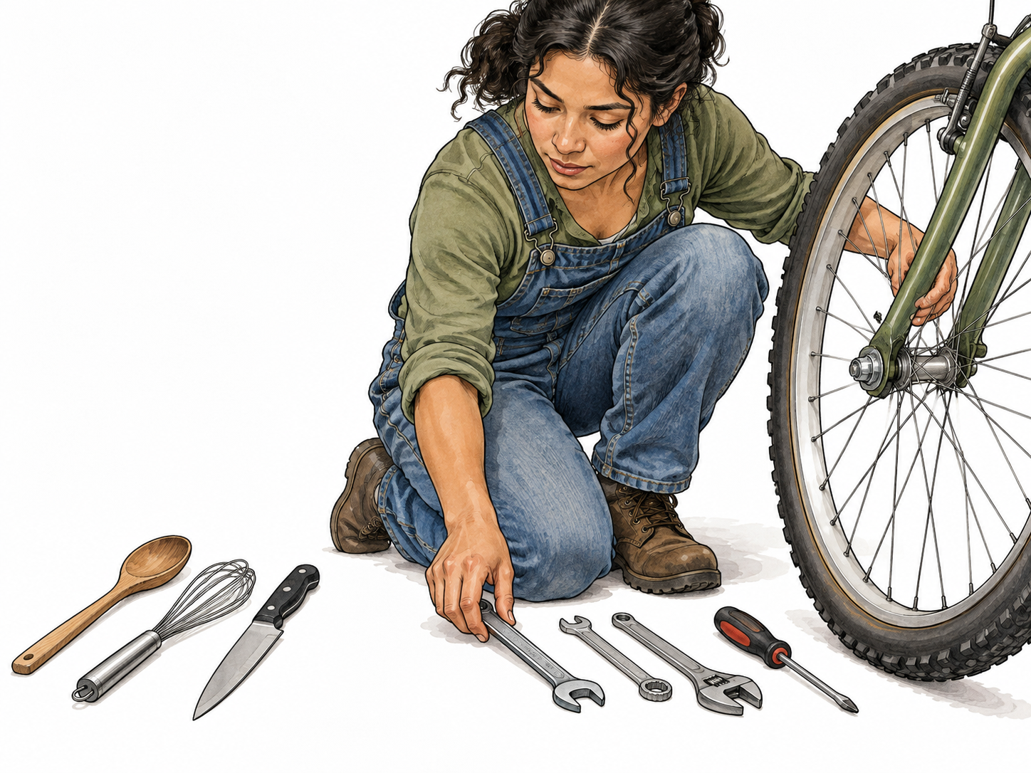 A mechanic selects the matching bicycle wrench beside a loose wheel nut, other irrelevant kitchen implements set aside; Latina woman.