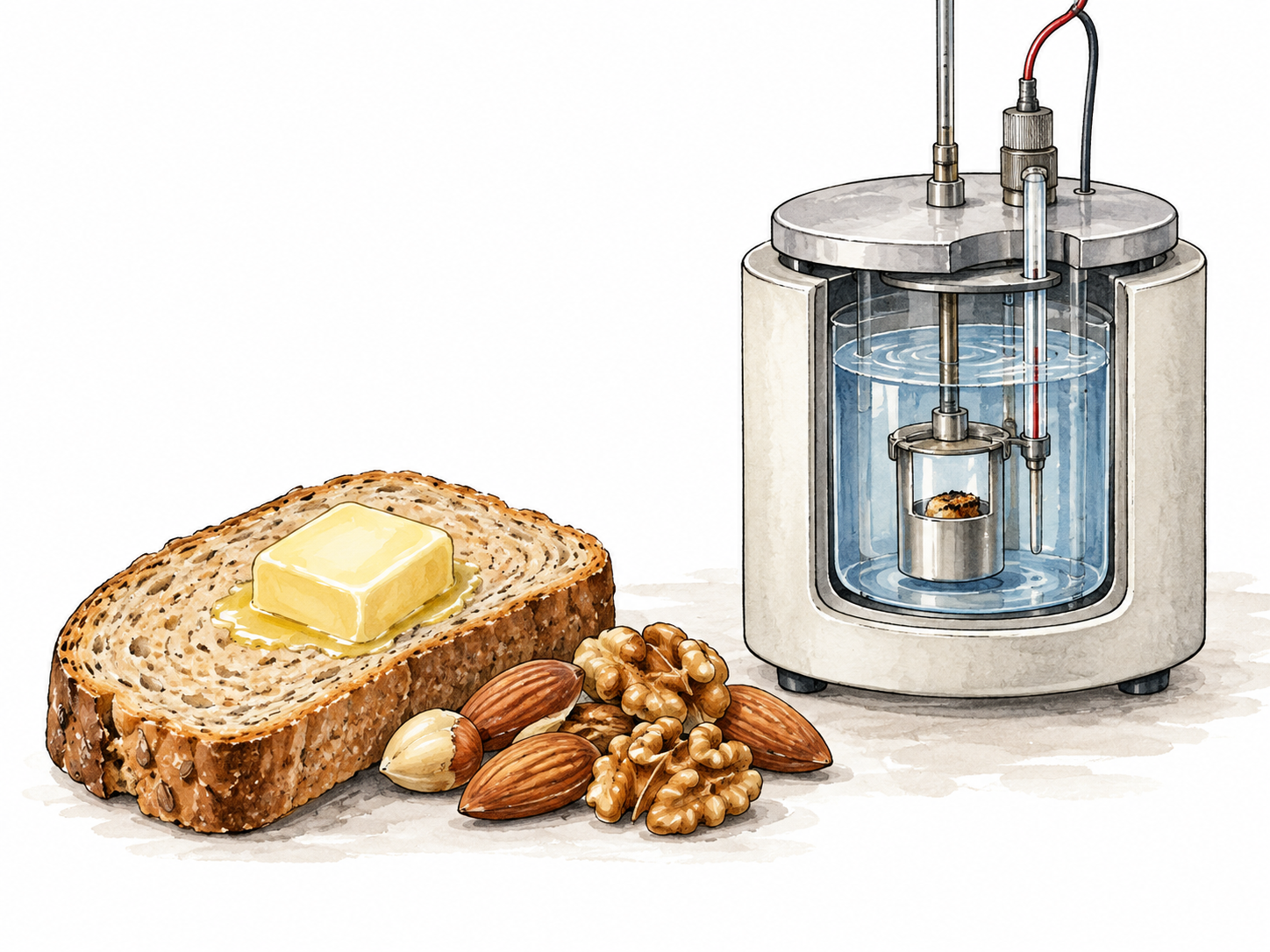 A slice of bread, pat of butter and nuts beside a small laboratory food-energy calorimeter, showing food's energy value.