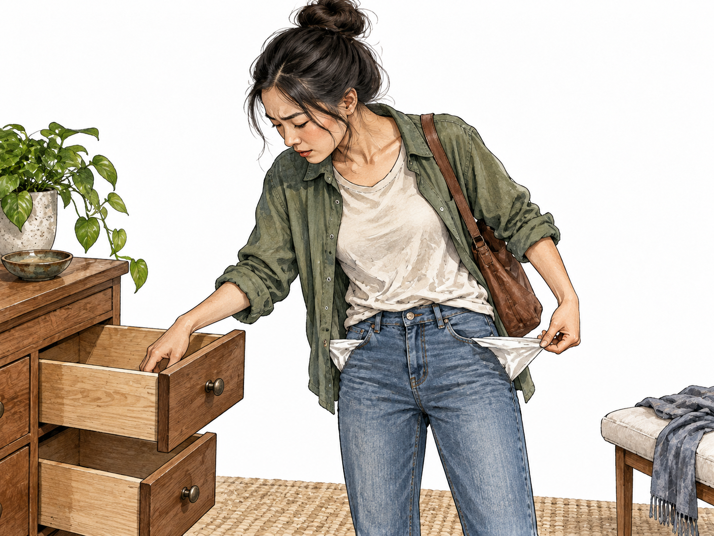 East Asian woman searches empty drawers and turns empty pockets out, missing keys nowhere to be found.