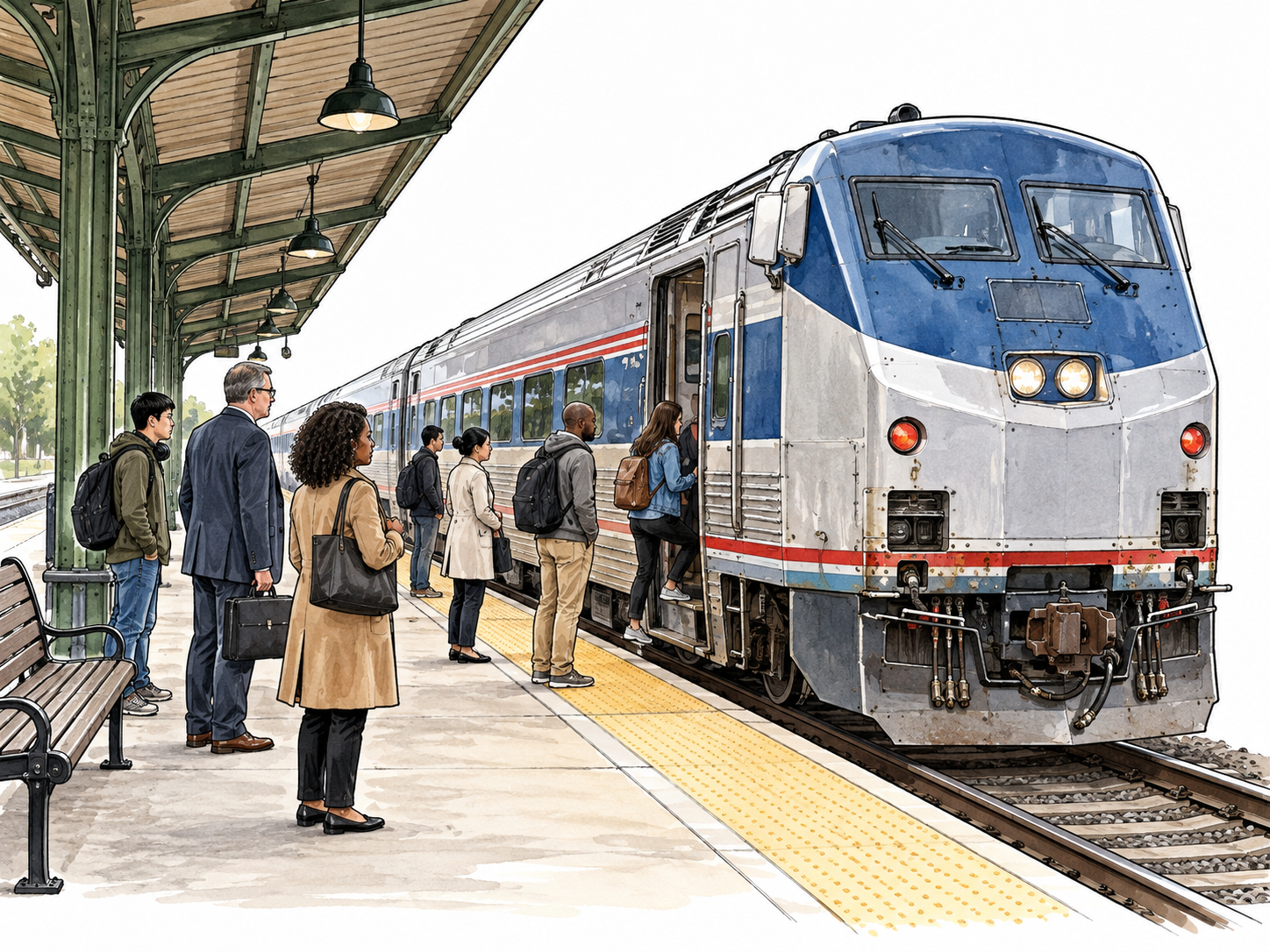 A passenger train stopped alongside station platform with waiting diverse commuters, recognizable station canopy.
