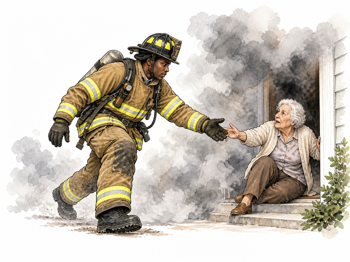 A young Black firefighter advances toward smoke to help a frightened white elderly resident, courage amid danger, no flames touching people.