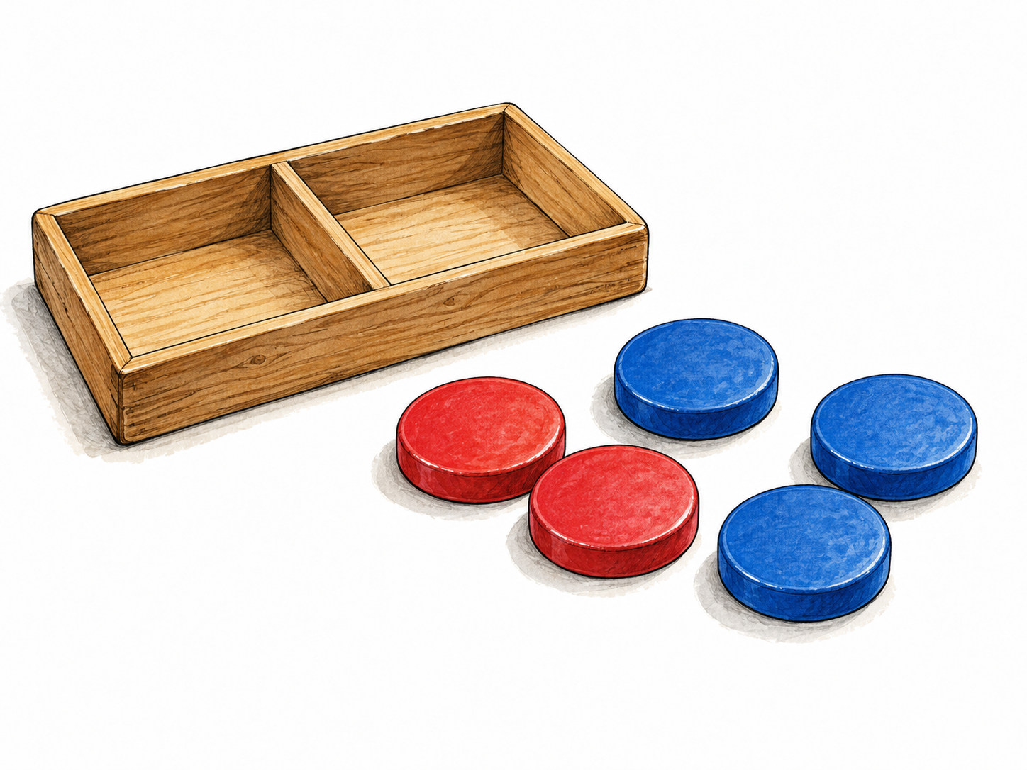 Two red counters and three blue counters gathered into one group of five beside sorting tray, no text.