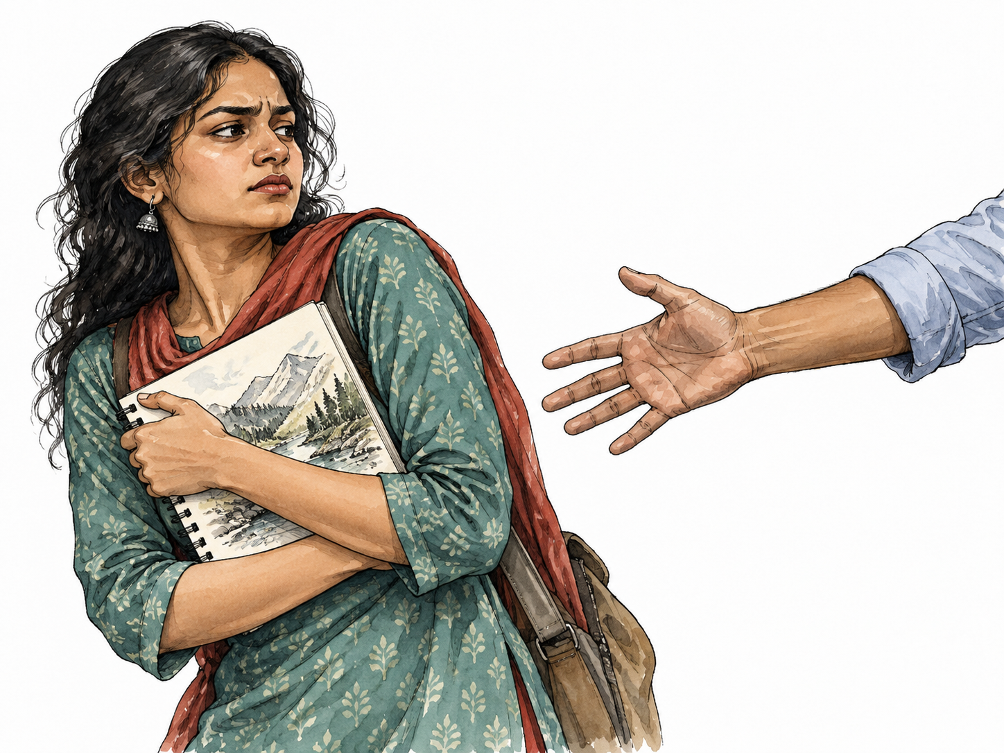South Asian adult refuses to hand over cherished sketchbook to demanding outstretched hand.