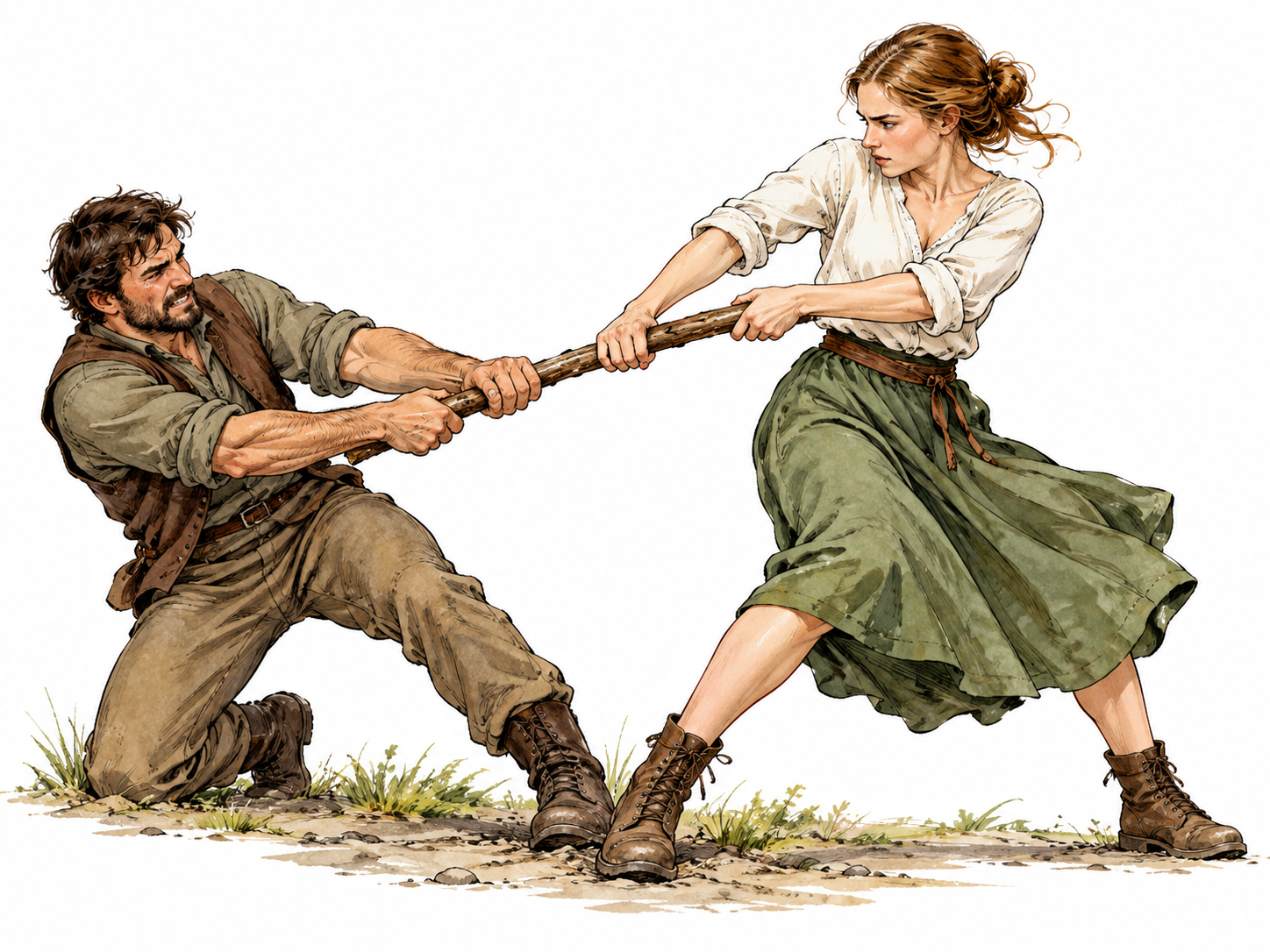 White woman forcefully pulls wooden staff from resisting man's grip, pulling away without injury.
