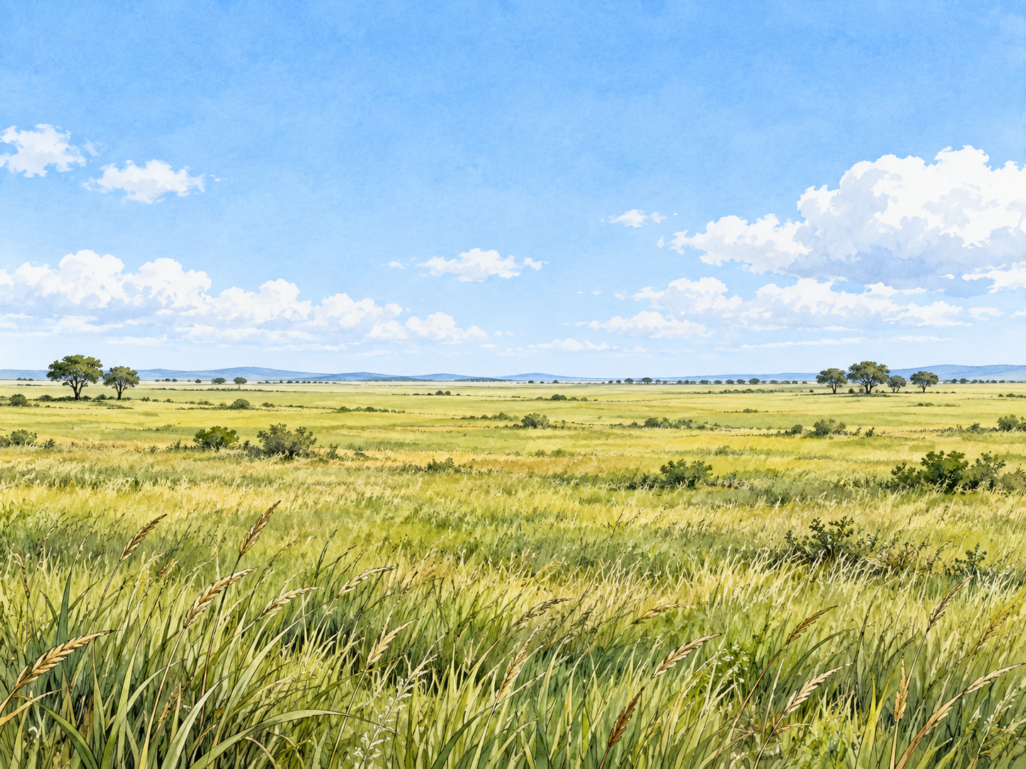 A vast open grassy plain beneath a broad pale blue sky, tiny distant trees emphasize continuous space.