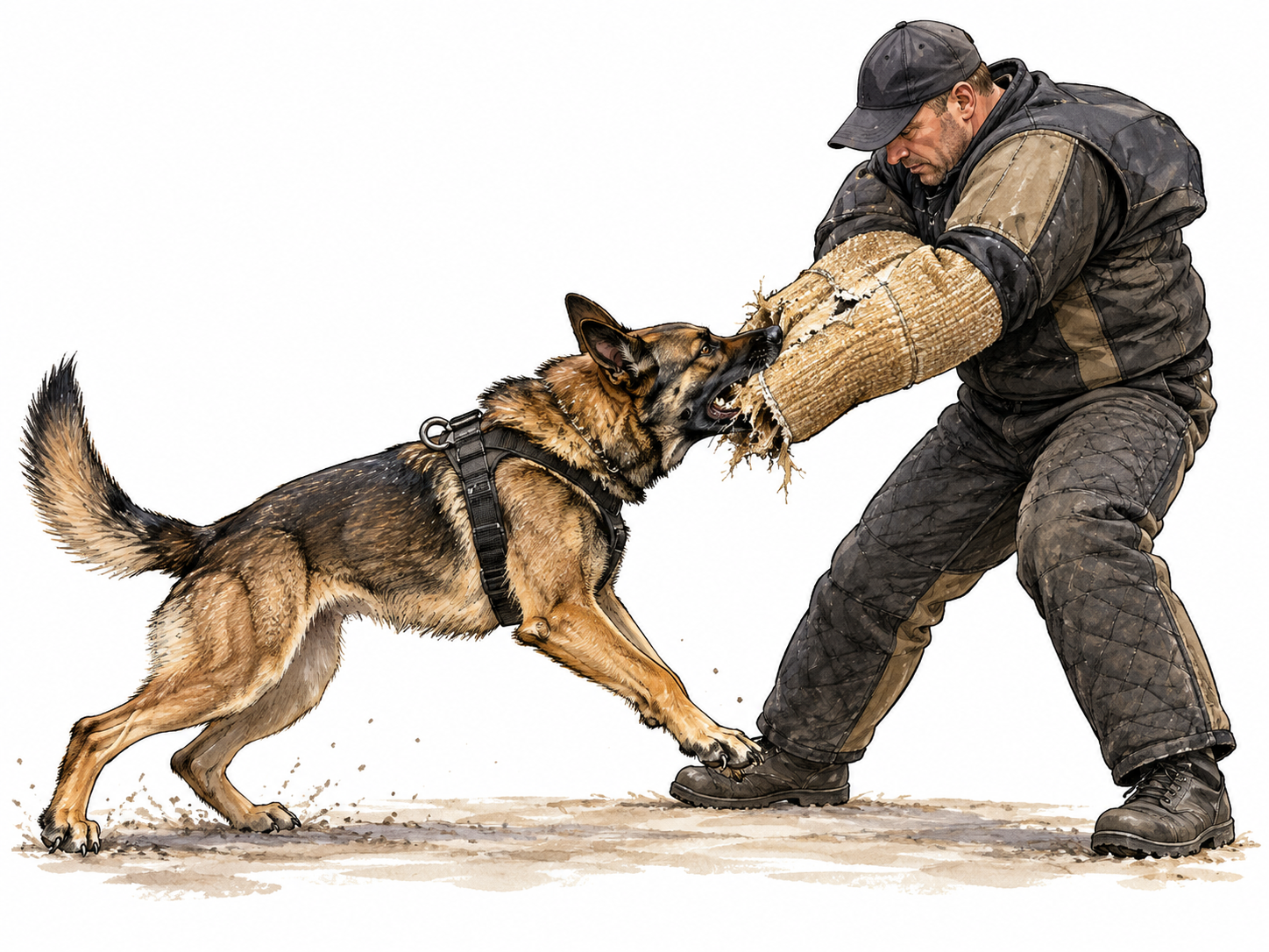 A powerful dog violently shakes and tears a padded training sleeve held by a protected trainer; clear attack, no wounds or blood.
