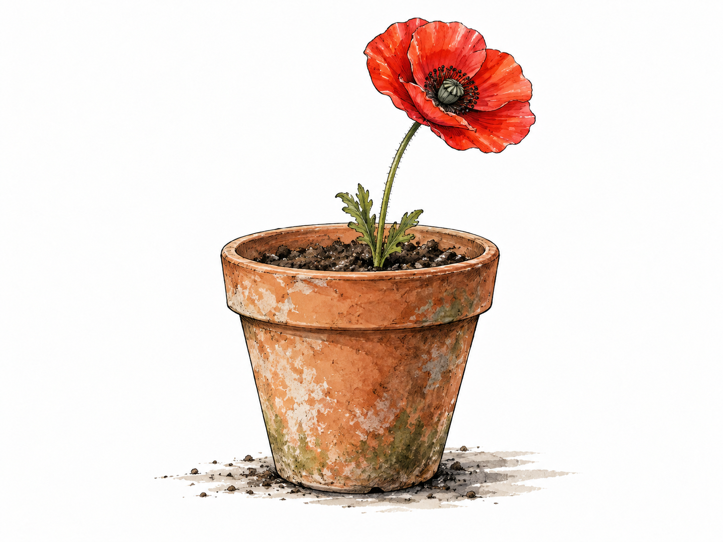 One red flower stands alone in an otherwise empty flowerpot.
