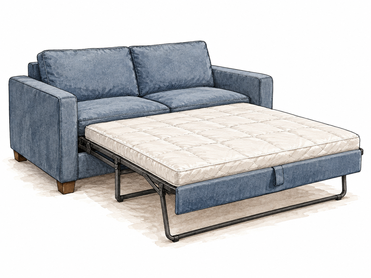 A dual-purpose sofa partly unfolded into a bed, both seating and sleeping surfaces evident.