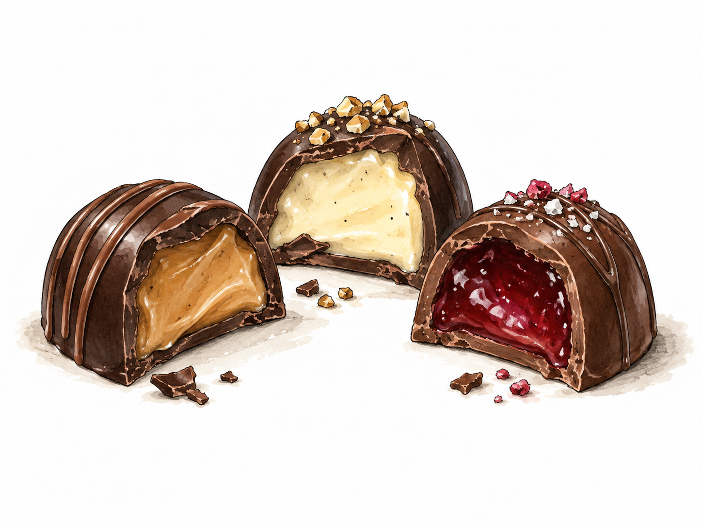Three cut chocolate bonbons expose creamy sweet fillings.
