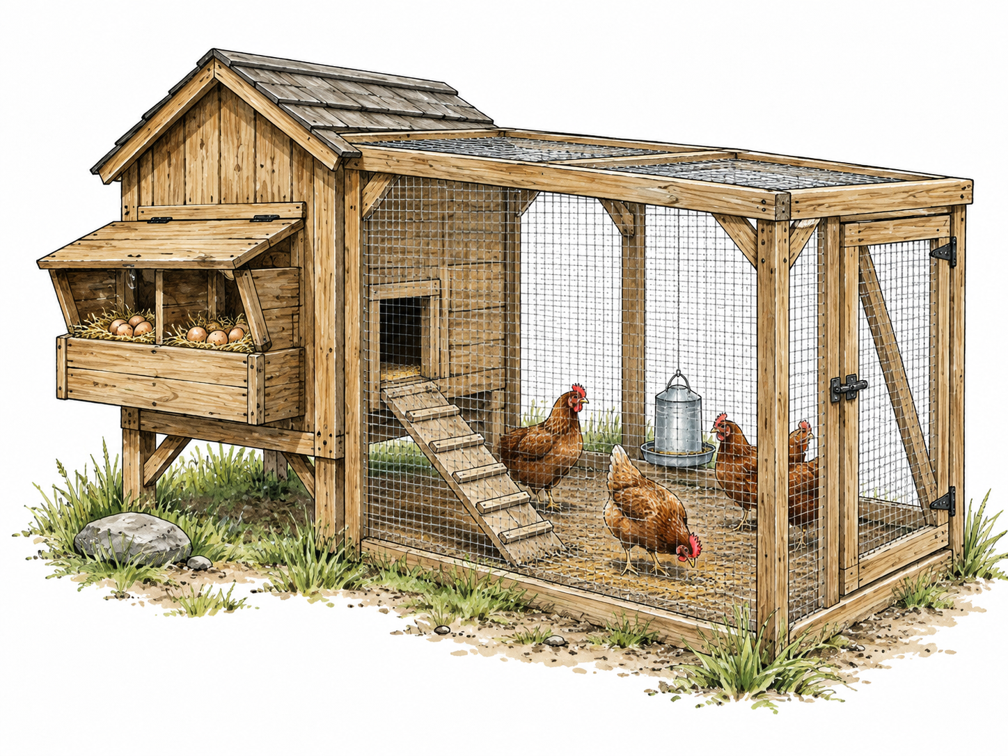 Timber poultry coop with wire enclosure, hens and nesting boxes visible.