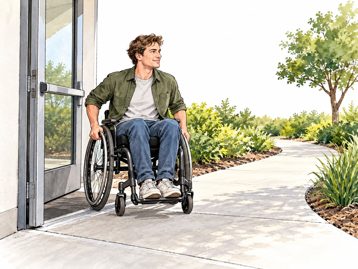 A white young adult wheelchair user independently chooses a route and maneuvers out of an open doorway, confident self-direction.