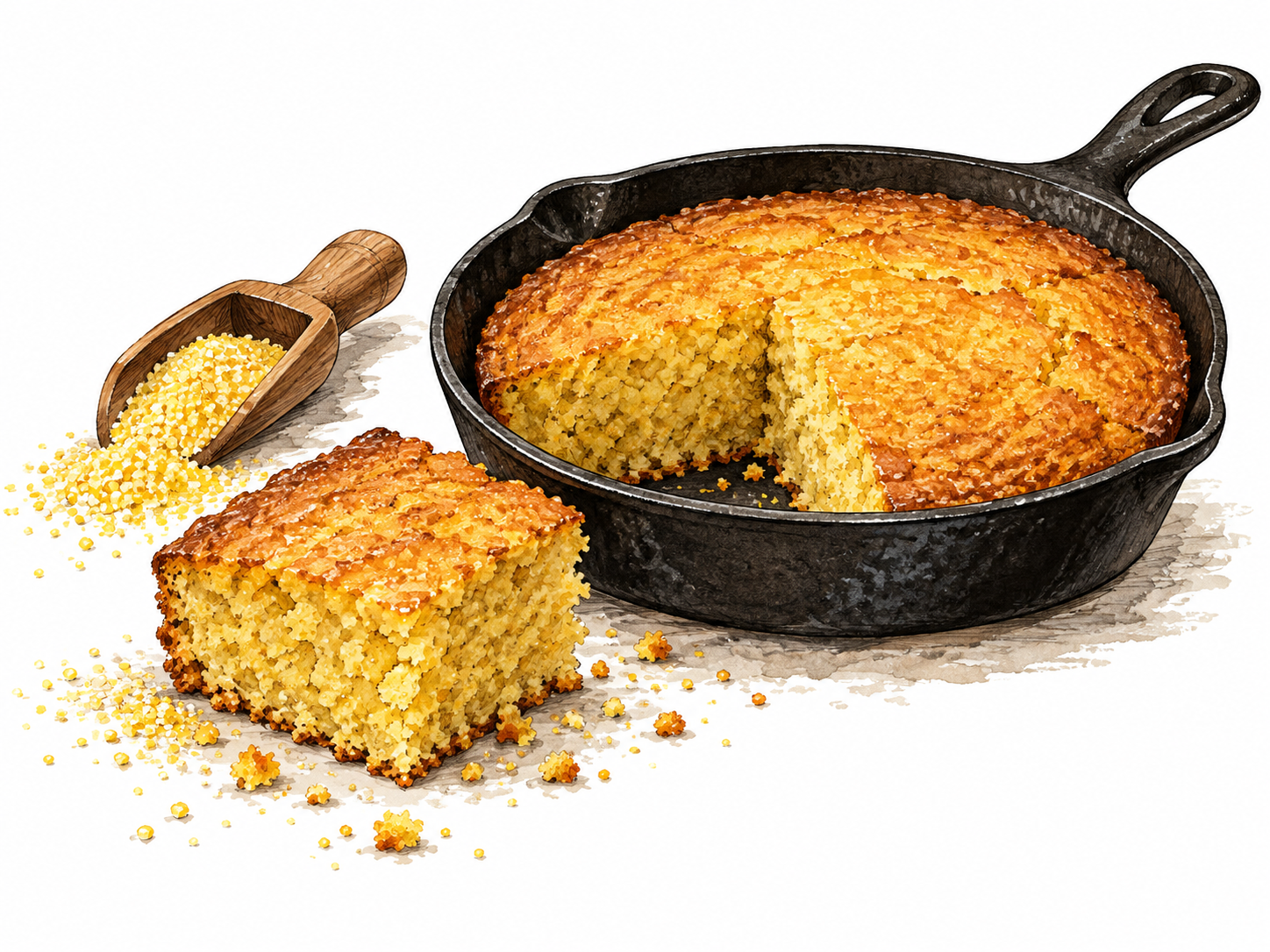 A golden square of cornbread cut from a cast-iron skillet, coarse crumb and cornmeal nearby.