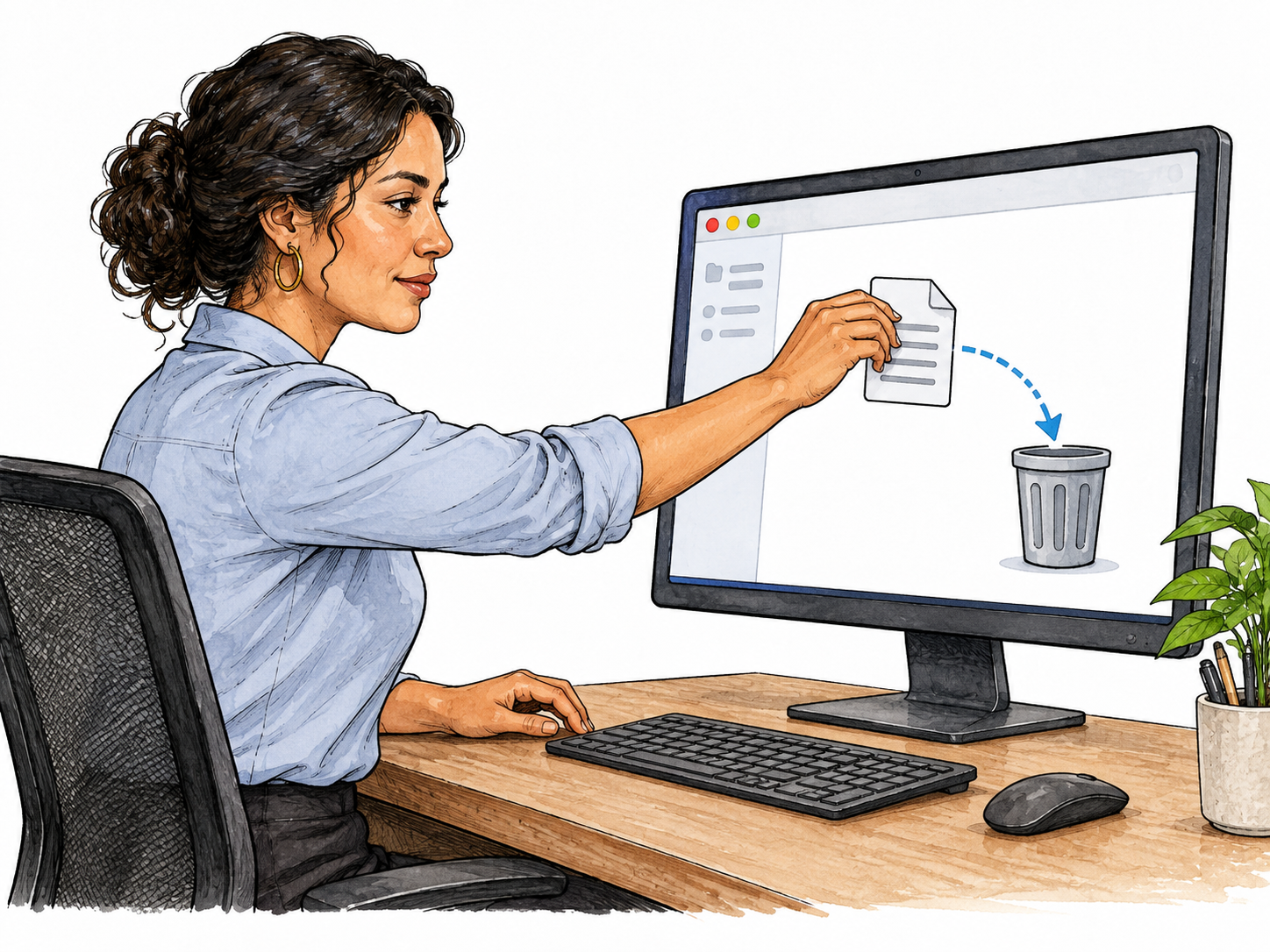 A Latina office worker drags a generic document icon toward a trash bin icon on computer screen, no text, simple interface.