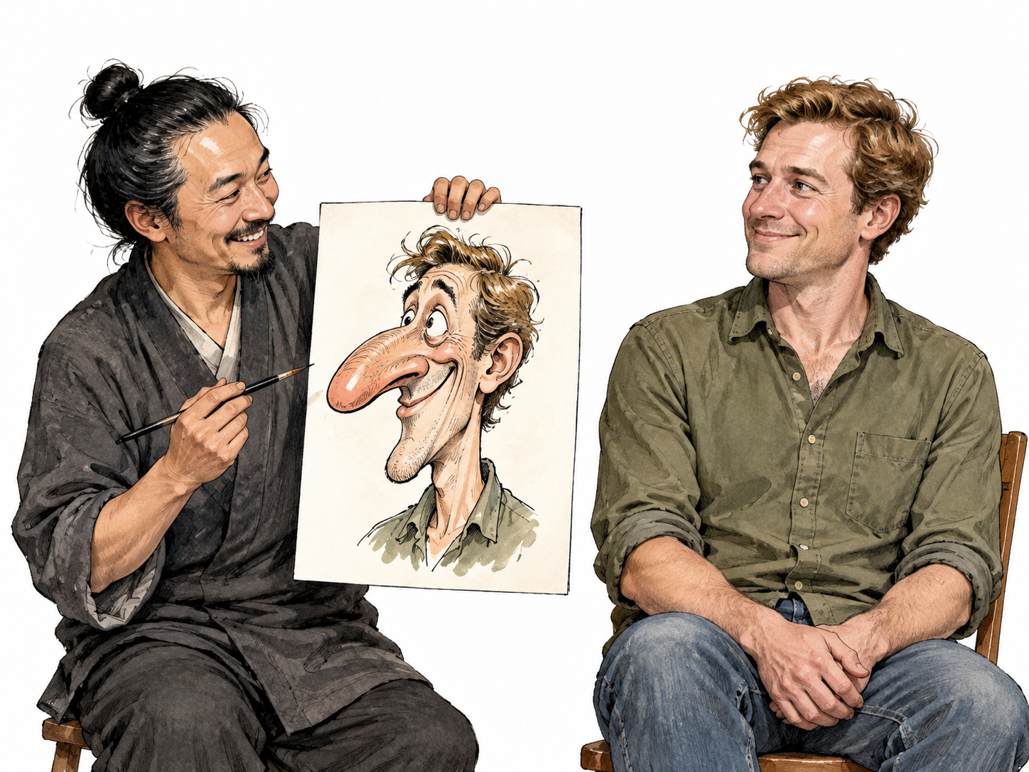 An East Asian portrait artist holds a deliberately exaggerated funny drawing of a white male sitter with a long nose, beside the realistically drawn sitter.