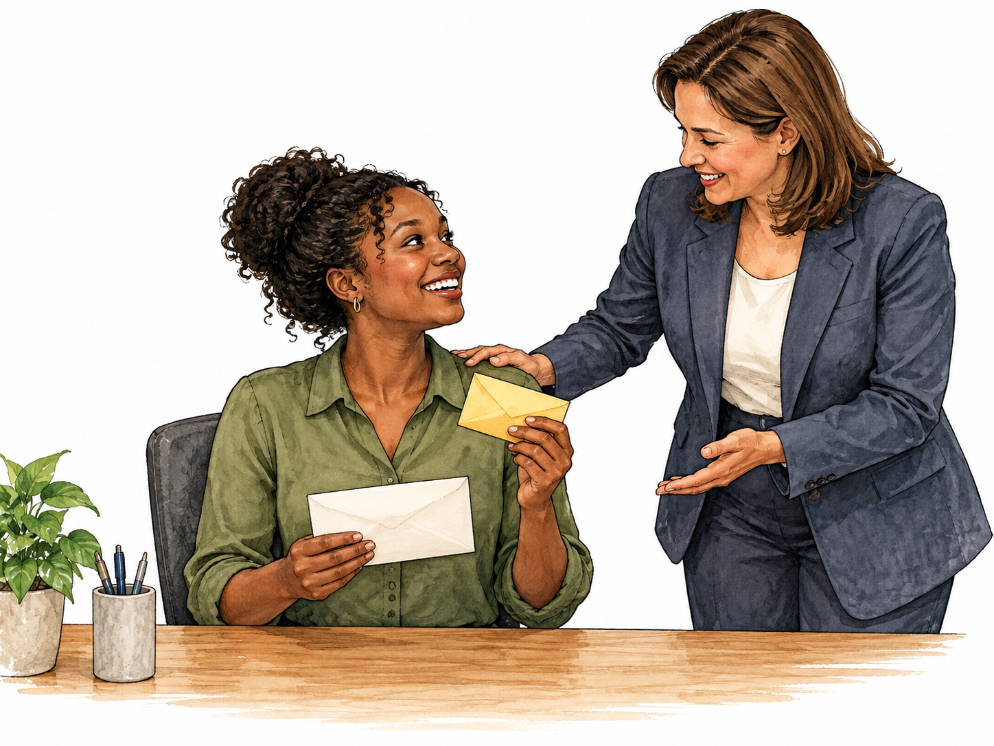 A Black woman employee receives an extra small envelope beside her ordinary pay envelope, warmly congratulated by her manager.