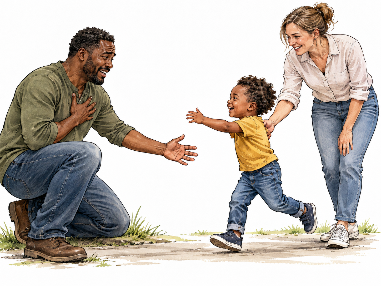 A Black father exhales with hand on chest as his missing small child returns safely with a white neighbor.