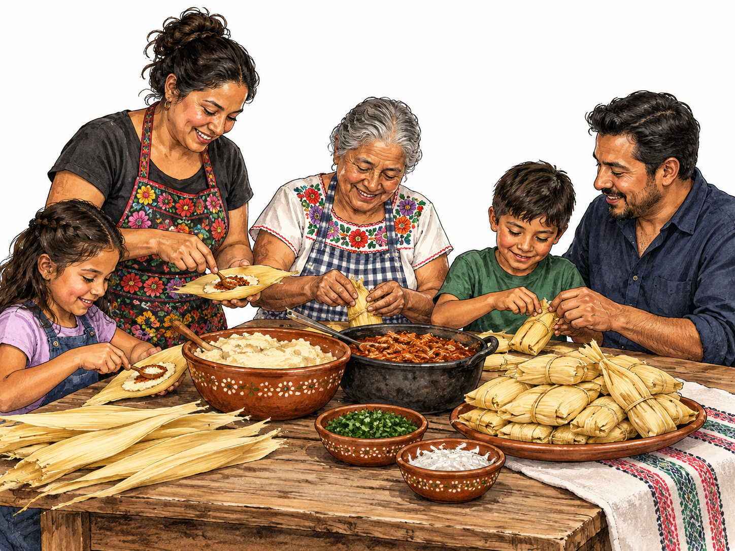Multigenerational Mexican family preparing traditional food together at home table in contemporary clothing.