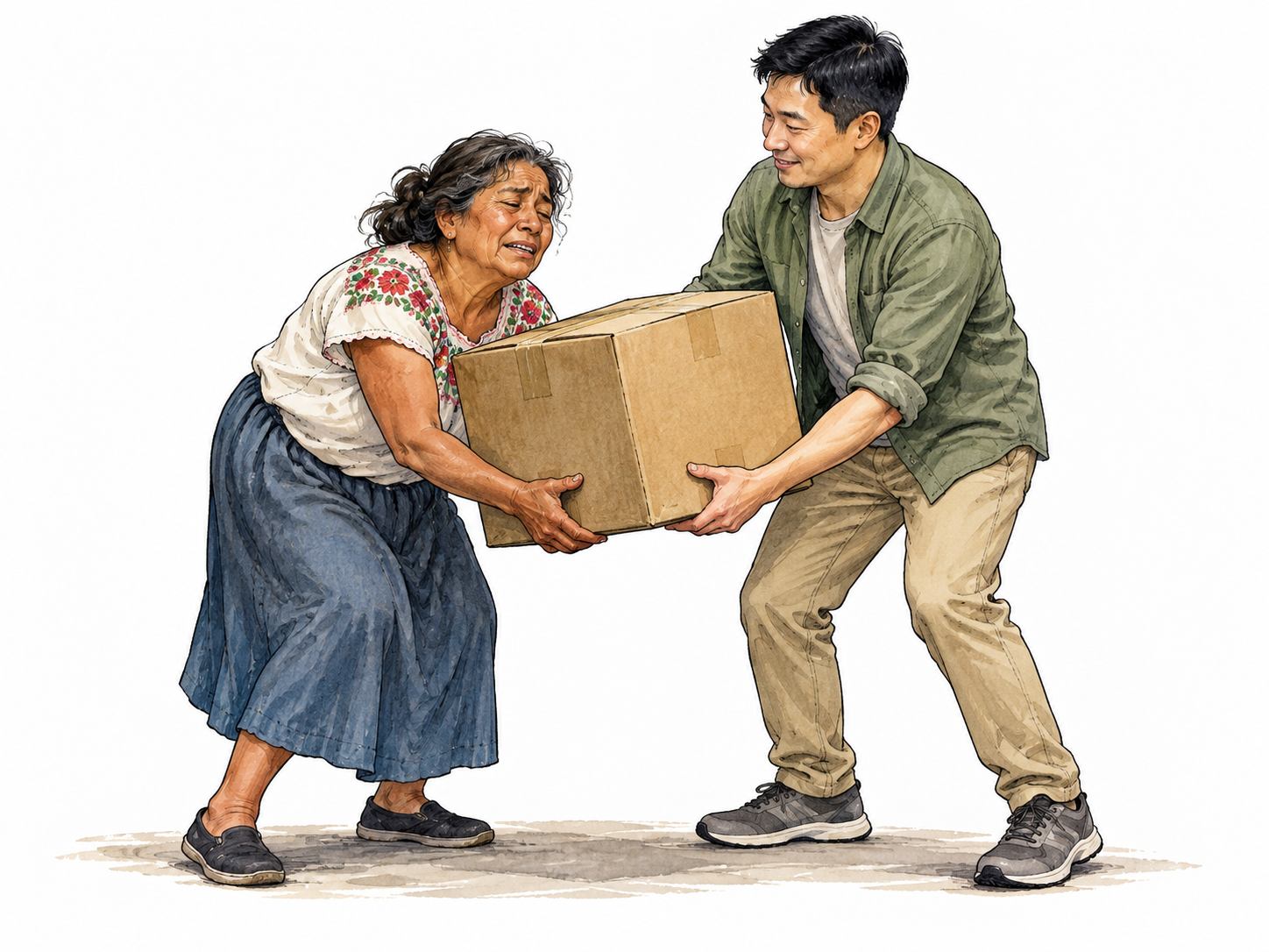 An East Asian man takes a heavy box from an exhausted older Latina woman, reducing her burden.