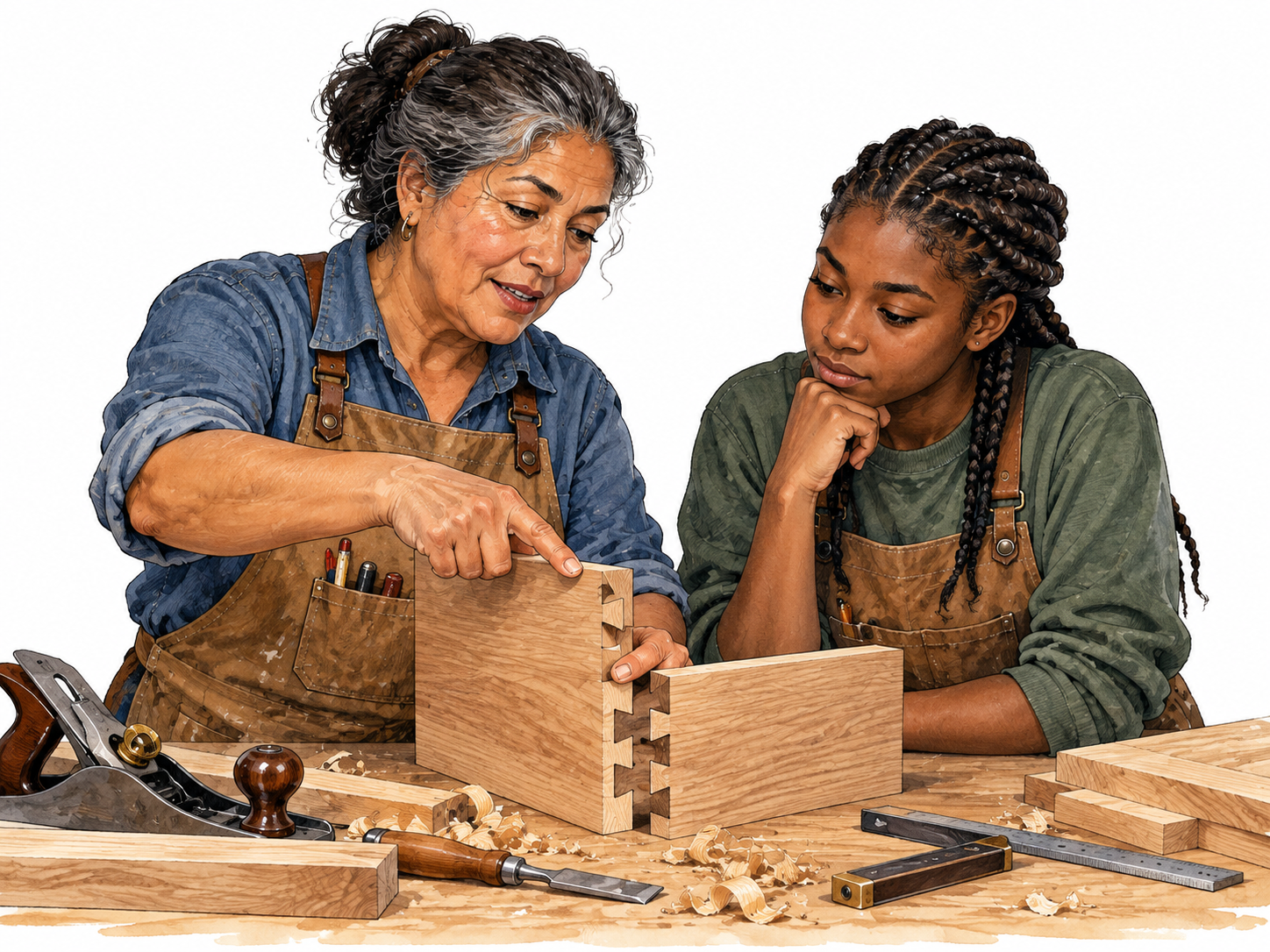 An older Latina carpenter confidently teaches a younger Black apprentice precise wood joints, skill gained by years of practice.