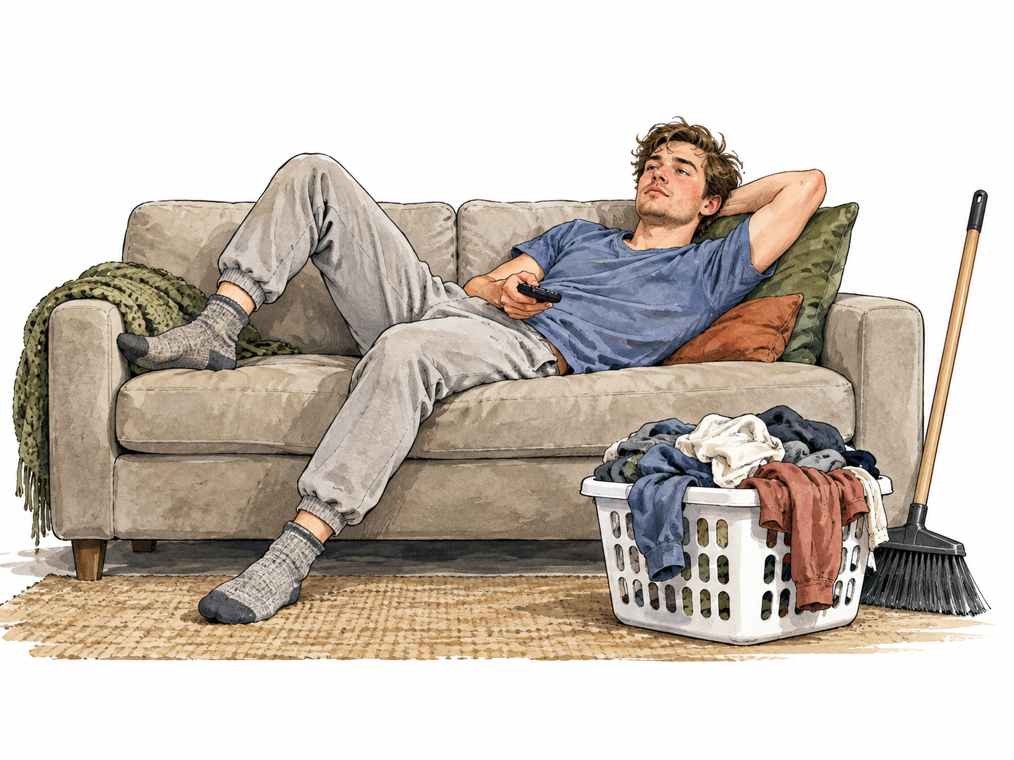 Comfortable white young adult lounges on sofa ignoring laundry basket and unused broom, unwillingness to work not illness.