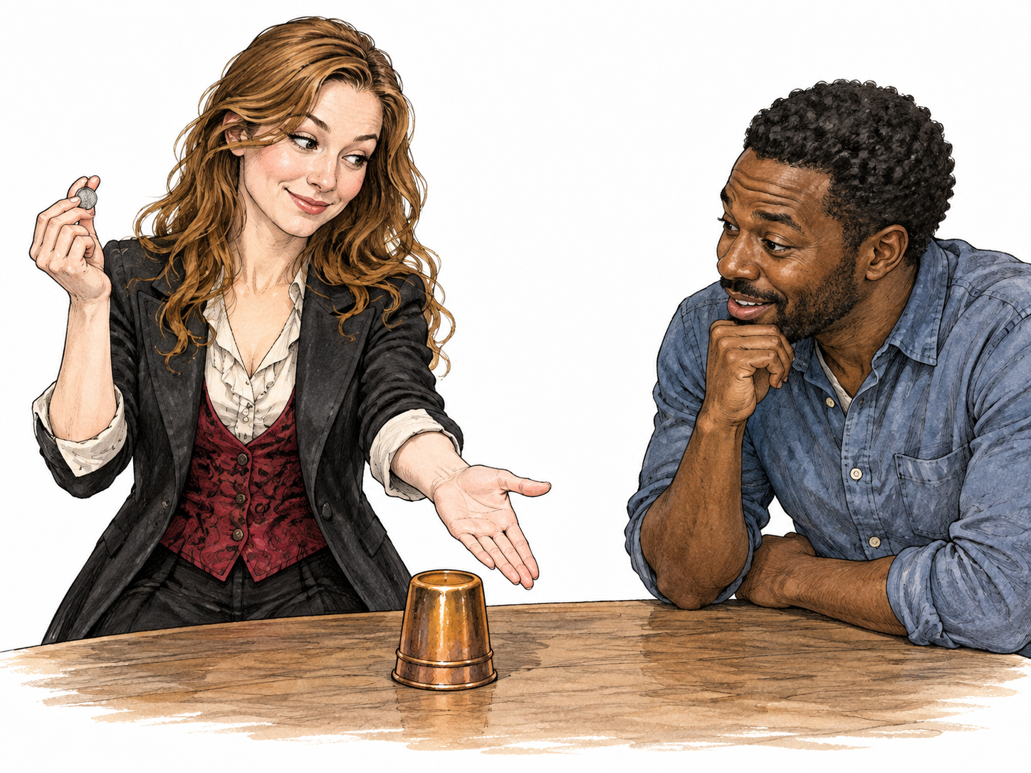 A white female magician deftly conceals a coin in her fingers while directing a Black spectator's attention to an empty cup.