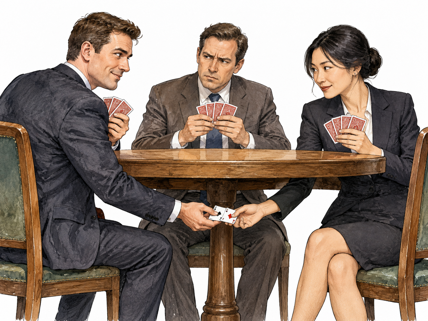 A white and an East Asian businessperson secretly coordinate hidden playing cards beneath a table to cheat a third player.