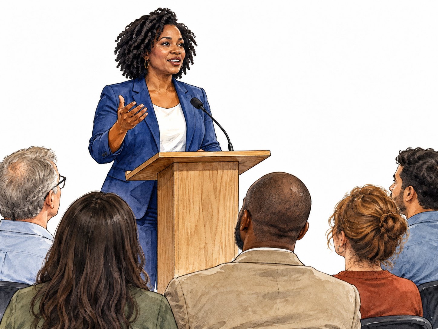 A Black woman seeking office gives a campaign speech at a small lectern to attentive mixed audience, no slogans.