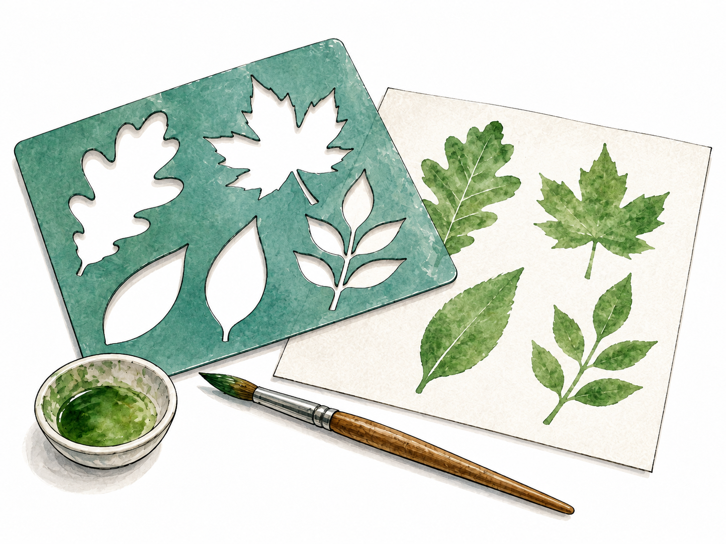 A reusable stencil with leaf-shaped cutouts lies partly over paper where a brush has painted matching green leaves through openings.