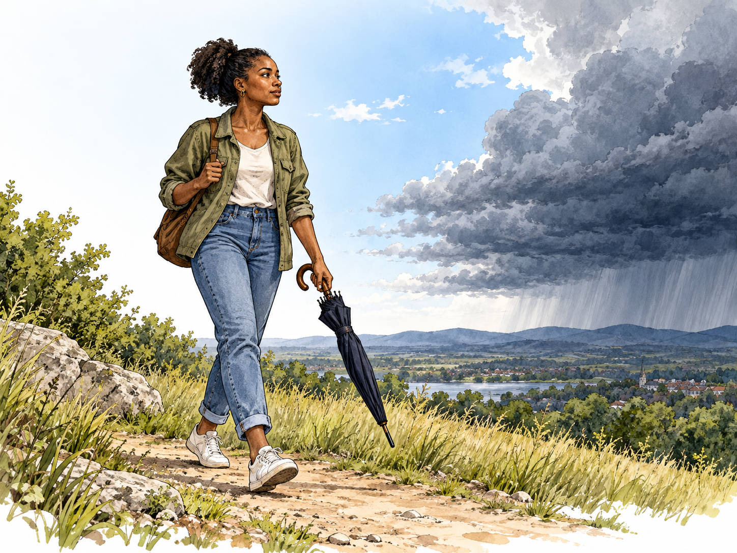 Black woman brings umbrella while overhead sky still clear and storm front approaches in distance, foreknowledge.