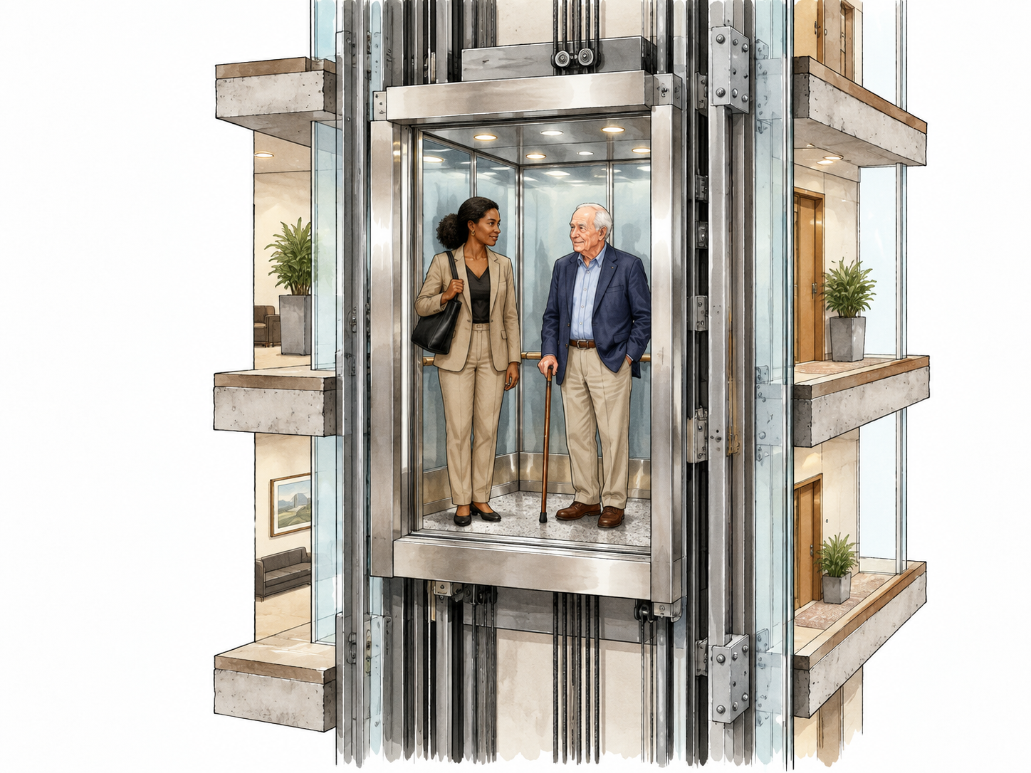 An open modern elevator carries a Black woman and an elderly white man, visible shaft and several floors in cutaway.