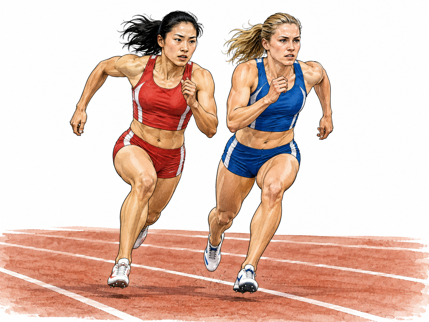 Two adult women sprinters, East Asian and white, race intensely shoulder to shoulder on track.