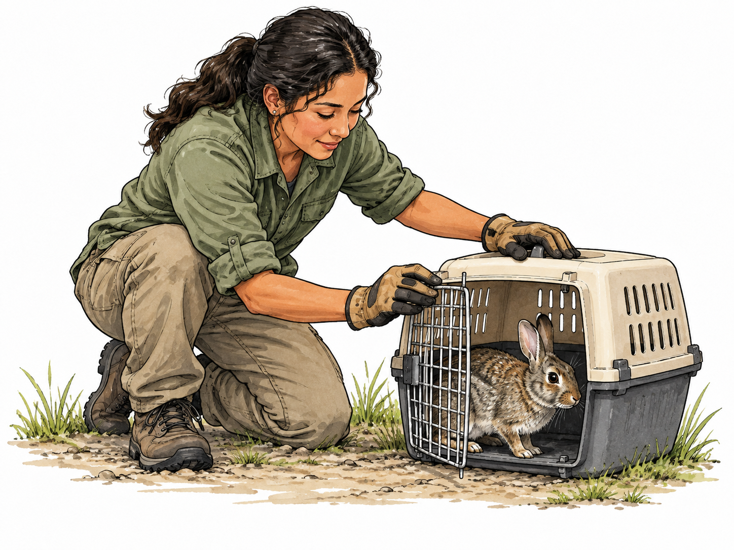 Latina rescuer gently closes carrier around loose rabbit, clear catching moment and safe handling.
