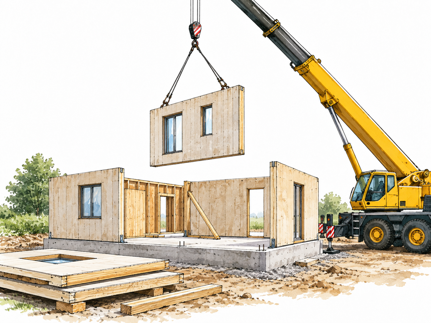 A crane lowers a prefabricated wall panel onto a partially assembled house, visible ready-made sections.