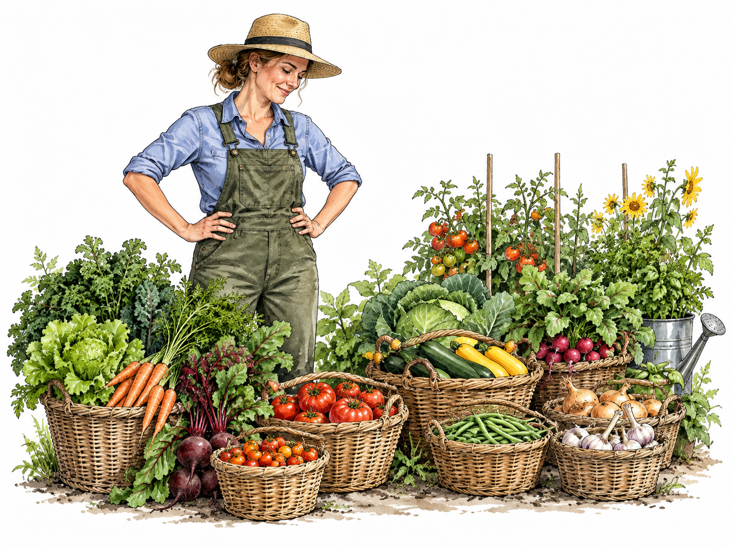 A white woman gardener surveys many baskets of vegetables harvested from a flourishing garden.