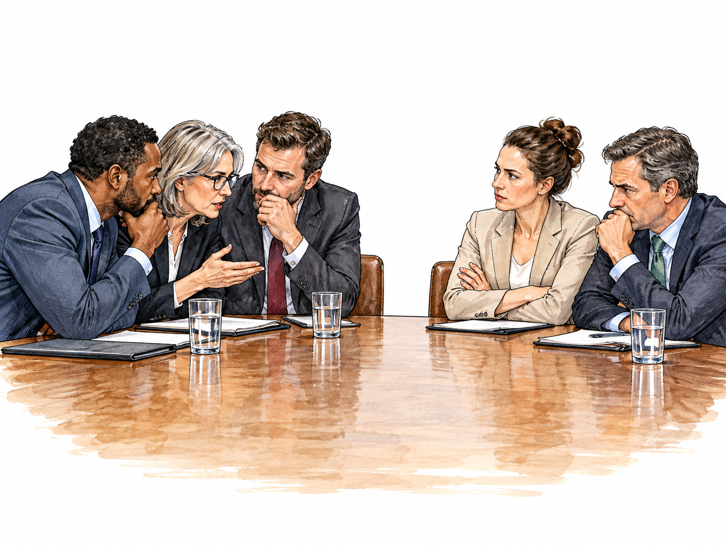 A committee split into two small opposing clusters at one conference table, one subgroup clearly banded together.