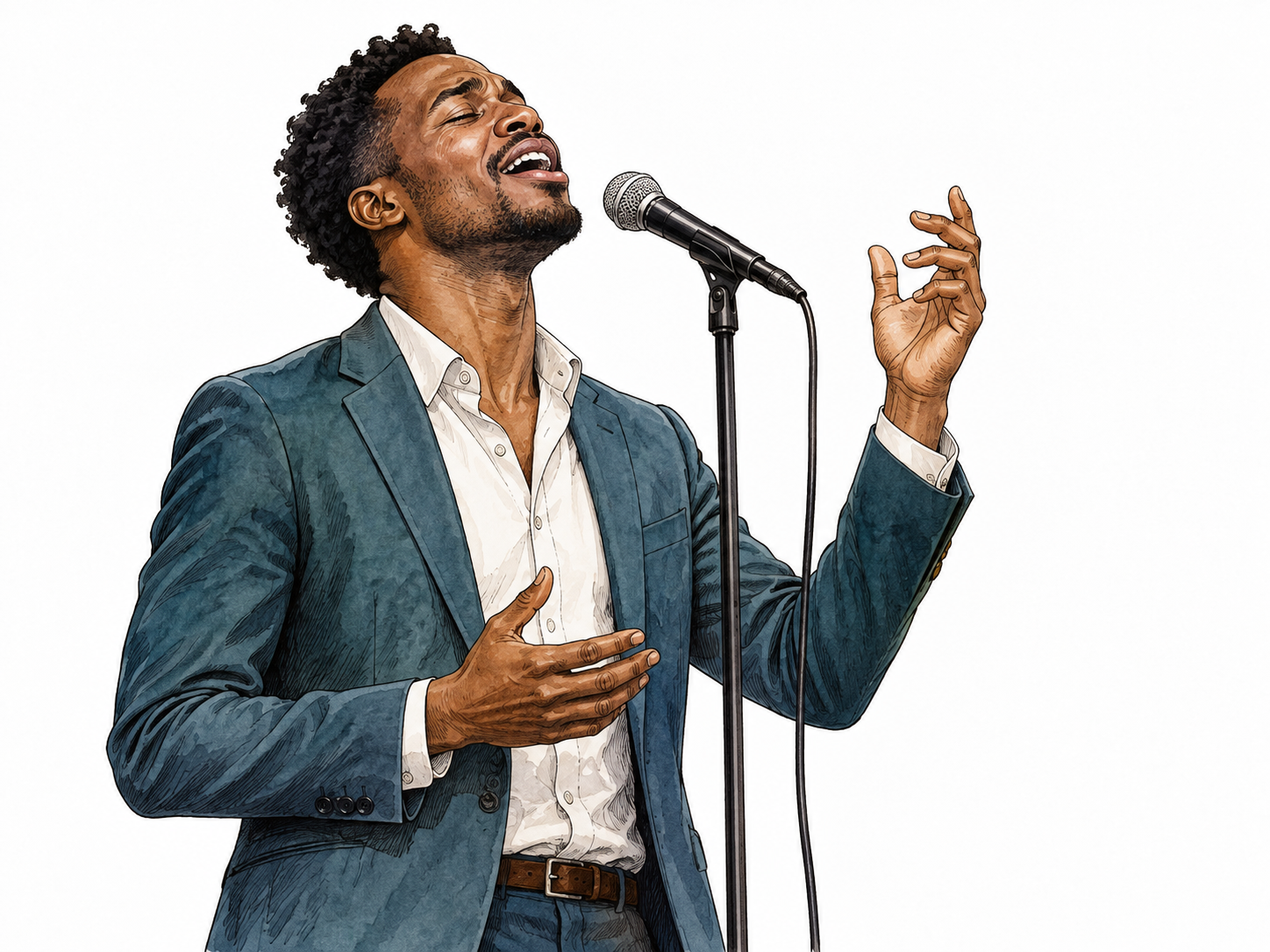 Black adult male singer lifting into a high register at microphone, upright posture, light expressive lifted hand.