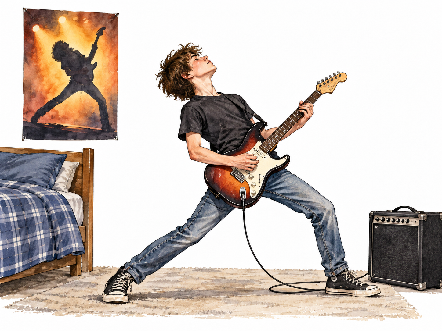 A young white aspiring rock musician practices guitar and imitates the stage pose of an admired performer's wordless poster on the bedroom wall.