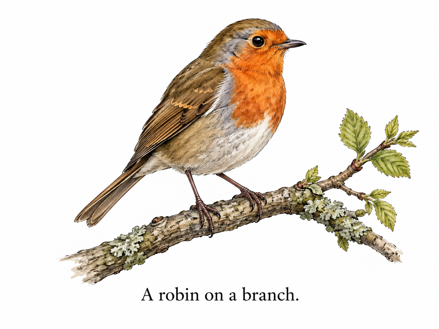 Museum booklet with bird illustration and short caption directly beneath reading only 'A robin on a branch.'.