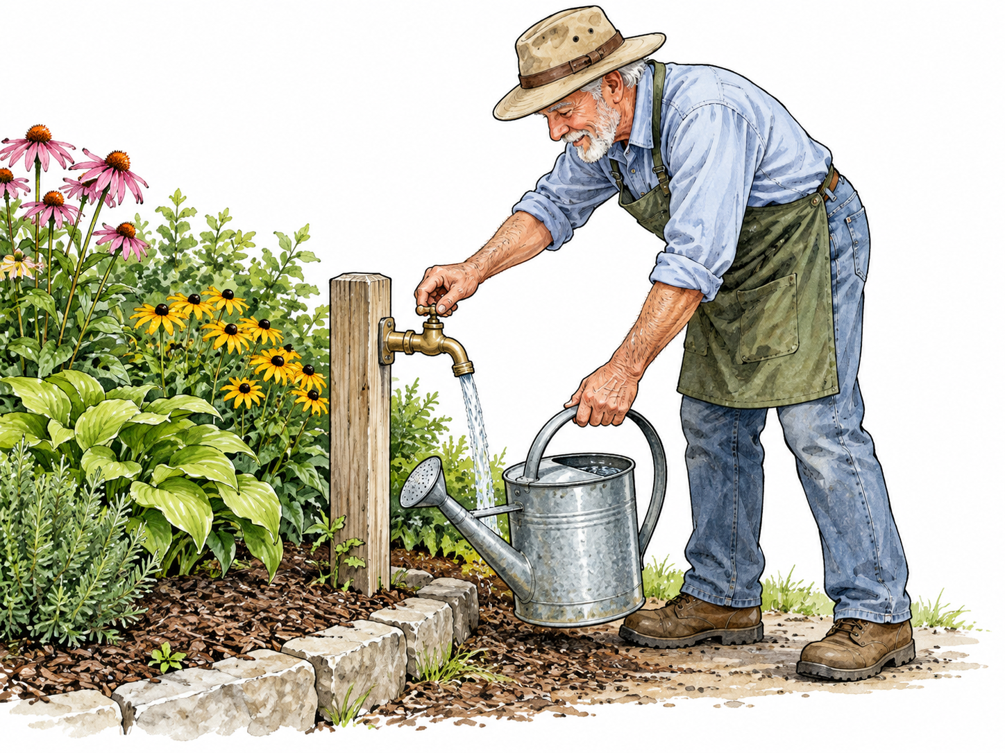 A faucet mounted conveniently beside garden bed fills watering can without carrying water far, white older gardener.